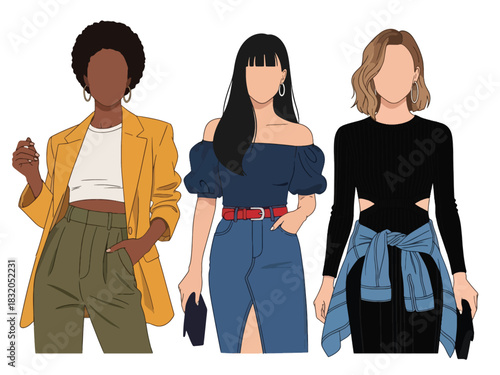 Flat vector set of stylish women in casual chic outfits with confident attitudes, ideal for modern lifestyle themes and fashion-oriented visuals