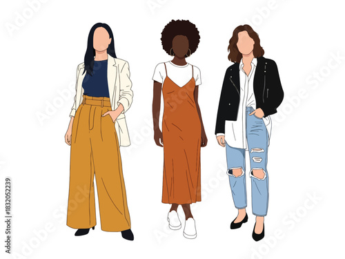 Flat vector set of stylish women in casual chic outfits with confident attitudes, ideal for modern lifestyle themes and fashion-oriented visuals