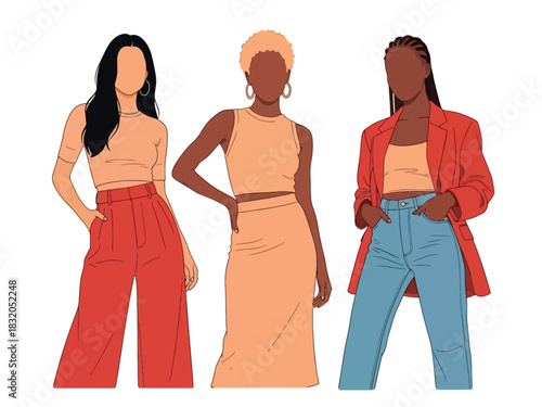 Flat vector set of stylish women in casual chic outfits with confident attitudes, ideal for modern lifestyle themes and fashion-oriented visuals