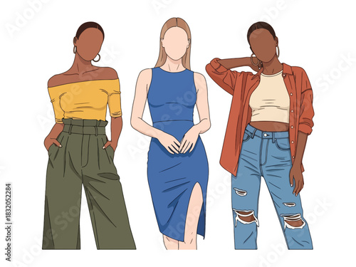 Flat vector set of stylish women in casual chic outfits with confident attitudes, ideal for modern lifestyle themes and fashion-oriented visuals