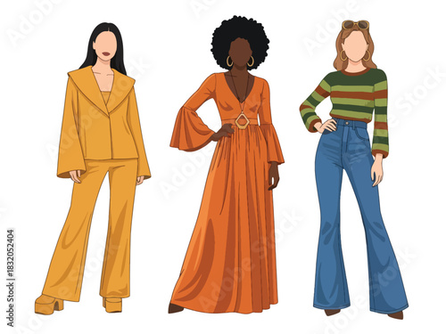 Flat vector set of stylish retro-inspired fashionable women in bold vintage outfits, ideal for nostalgic design themes and fashion artwork collections