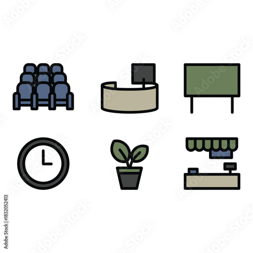 Collection of six simple icons representing business and public spaces