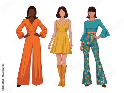 Flat vector set of stylish retro-inspired fashionable women in bold vintage outfits, ideal for nostalgic design themes and fashion artwork collections