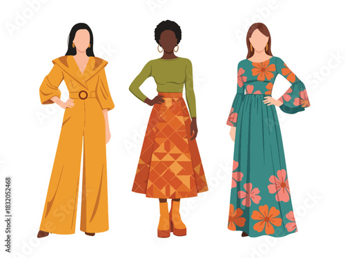 Flat vector set of stylish retro-inspired fashionable women in bold vintage outfits, ideal for nostalgic design themes and fashion artwork collections