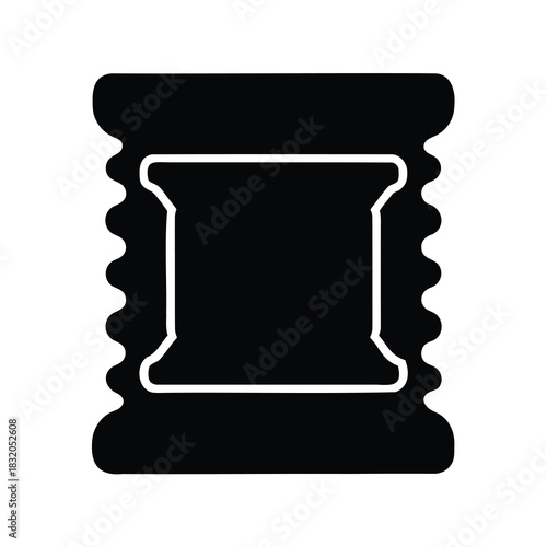 Snack Food Packet Icon Silhouette- Black silhouette icon of a crinkled snack packet, ideal for illustrating chips, treats, packaged foods, or convenience snacks in search results