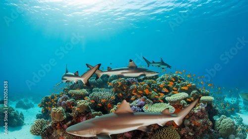 Blacktip Reef Sharks Swim Gracefully Over Vibrant Coral Reef Ecosystem With Small Orange Fish Ai HD high quality video.

