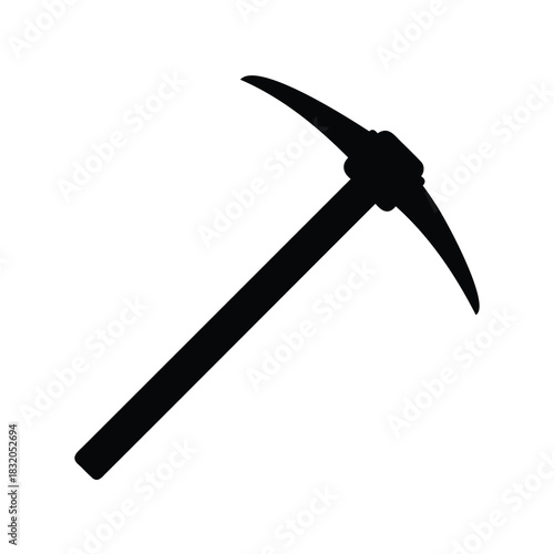 A simple black silhouette of a pickaxe tool used for mining.