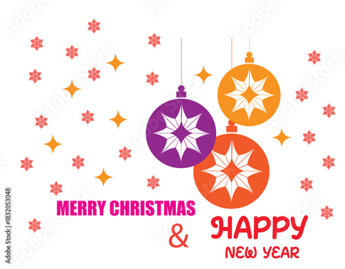 A stylish black and white holiday greeting card template showcasing five uniquely patterned dangling Christmas baubles.