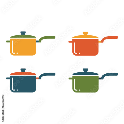 Colorful cooking pots collection with lids and handles