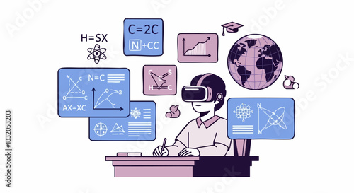 Student using VR headset for immersive science and math studies.