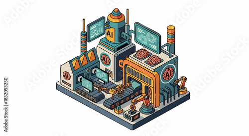 AI-Powered Factory Isometric Illustration of Advanced Technology.