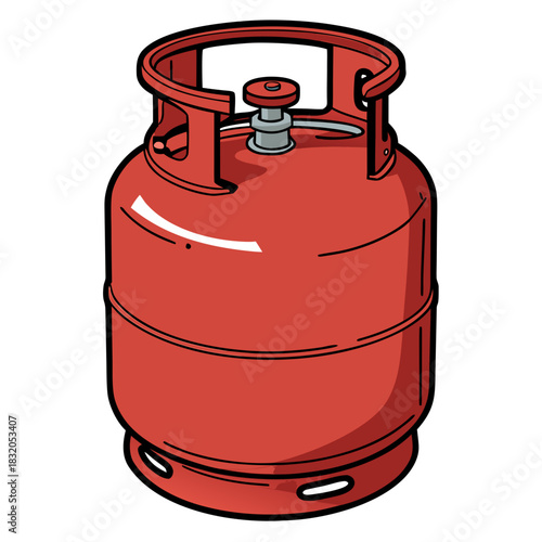 Red propane gas cylinder with black outline and valve on white background illustration