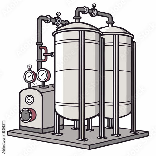 Industrial storage tanks with gauges and piping system on a platform