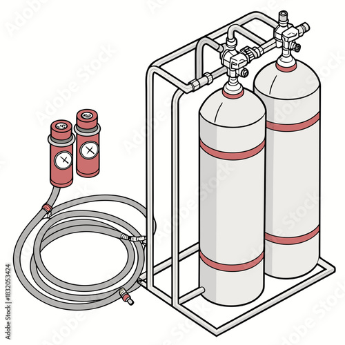 Illustration of a dual cylinder gas system with regulators and tubing for industrial or laboratory use