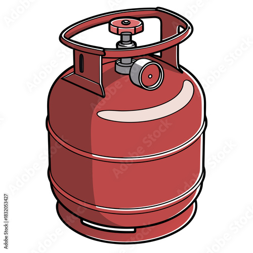 Red domestic gas cylinder with valve and pressure gauge isolated on white background