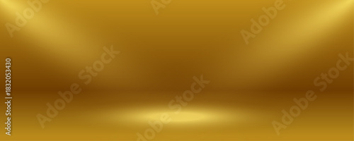 Luxury gold gradient studio room background with soft spotlight glow. Empty 3D metallic golden wall and floor scene backdrop for product display. Editable vector illustration.