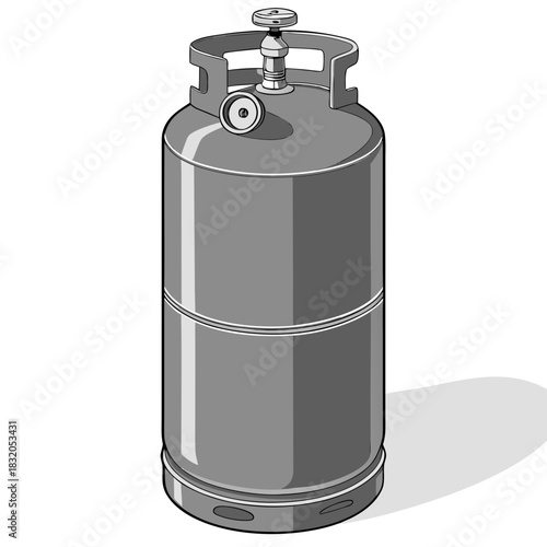 A detailed illustration of a gray propane gas cylinder with a pressure gauge and valve on a white background