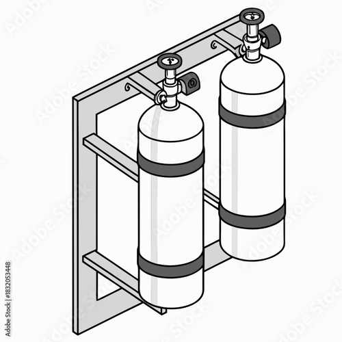 Illustration of twin scuba diving tanks mounted on a rack for underwater exploration and safety