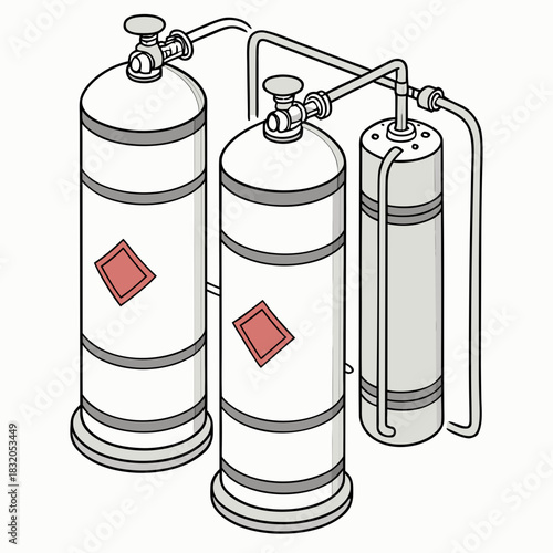 Illustration of two large industrial gas cylinders connected to a smaller cylindrical tank with pipes and valves