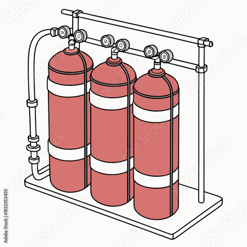 Three red gas cylinders connected by pipes and valves mounted on a white background