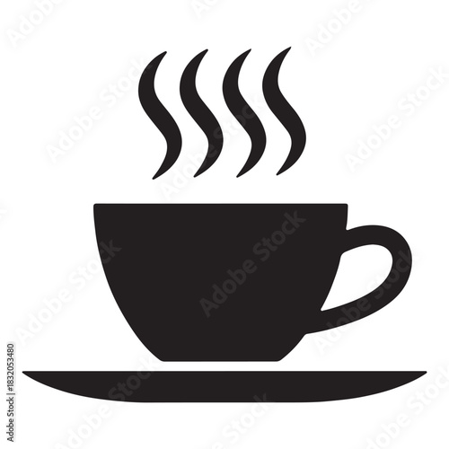 This is a simple black and white icon of a steaming cup of coffee. The cup sits on a saucer, and stylized wavy lines rise from the rim, indicating that the beverage is hot. It's a clear and common