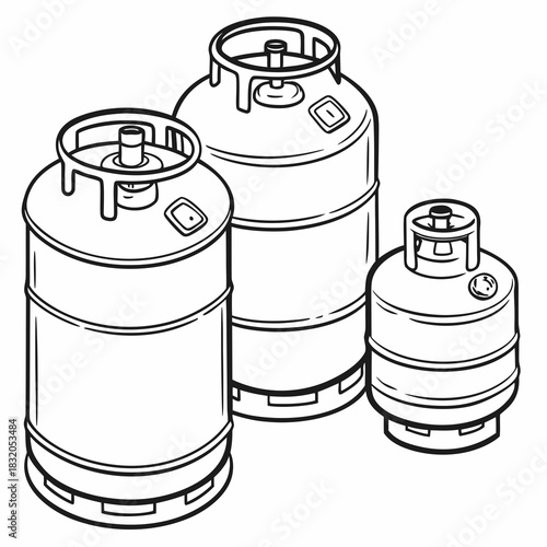 Three different sized propane gas cylinders or tanks arranged in a group on a white background