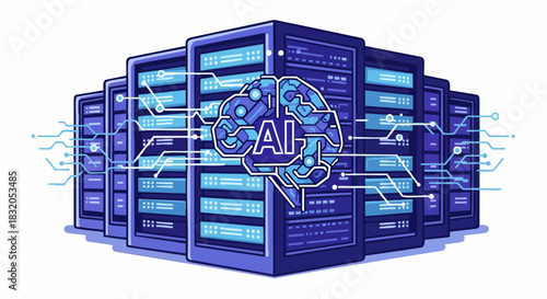 AI Powered Server Farm Illustration for Modern Technology.
