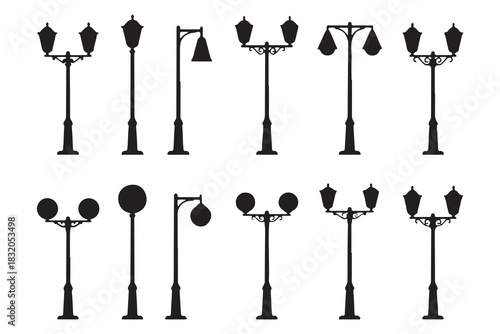 This image displays a collection of black and white silhouettes of various lampposts. The lampposts vary in design, with some featuring multiple lights, different lampshade shapes, and decorative 