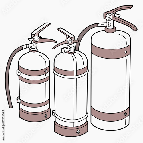 Three different sizes of fire extinguishers lined up in a row on a white background