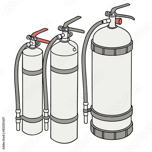 Three different sized fire extinguishers shown in isometric view against a white background