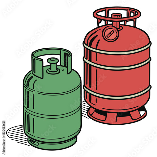 Two colorful cartoon style gas cylinders one red and one green isolated on white background