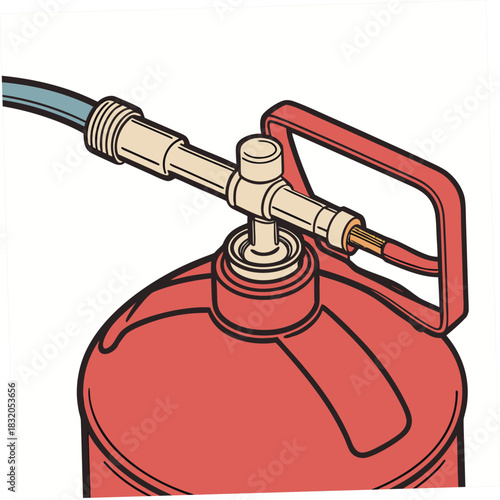 Close up illustration of a red portable fire extinguisher with a hose and handle on a white background