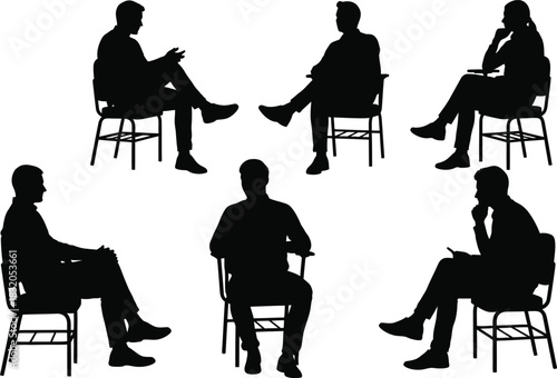 Conference Students Sitting Silhouette Set | Black Vector People Icons on White Background