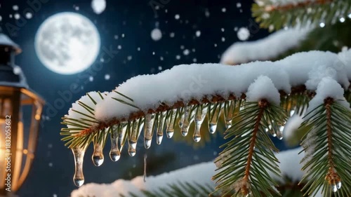 Close-up of frosted pine branch and warm lantern light at night