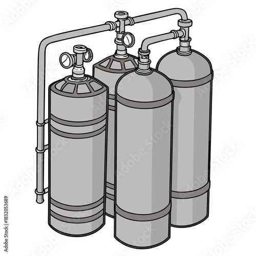 Industrial gas cylinders connected by pipes and valves with pressure gauges for monitoring