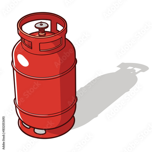 Red domestic propane gas cylinder with a dark shadow on a white background illustration