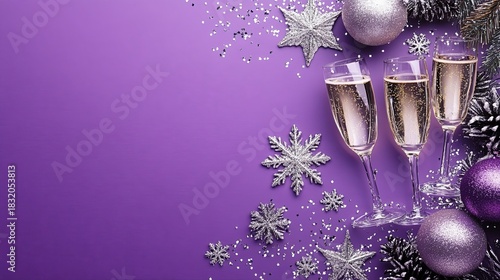 Elegant border for New Year with silver stars, champagne glasses, and glittery snowflakes on a purple background. .
