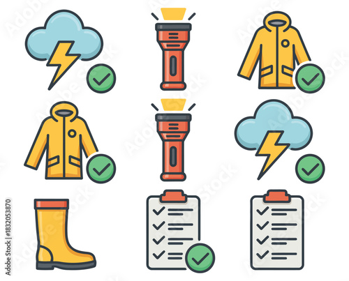 Emergency preparedness icons set including raincoat, flashlight, storm cloud, and checklist, featuring essential safety tools, weather protection items