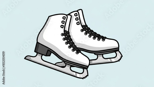 Pair of classic white figure ice skates with sharp blades and black laces, ready for winter sports, recreation, and graceful skating
