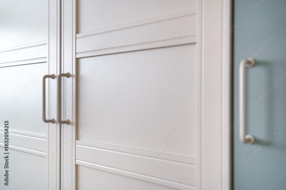 Fototapeta premium Białe drzwi szafki, szafy z uchwytami w nowoczesnym wnętrzu