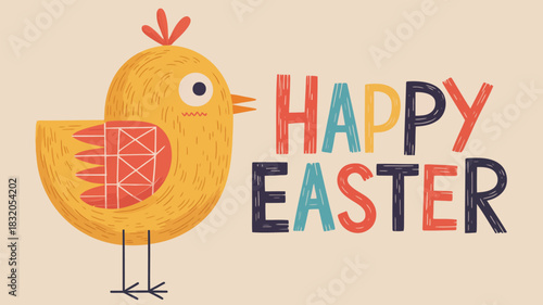 Cute cartoon chick character with colorful happy easter text on a light background