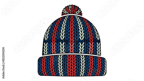 Knitted winter hat with colorful red, blue, and cream stripes and a fluffy pom-pom on top, perfect cozy beanie for cold days