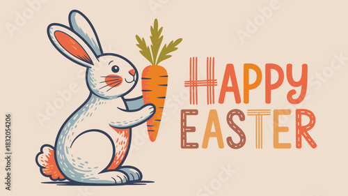 Cute cartoon bunny rabbit holding a large carrot with happy easter text in colorful lettering