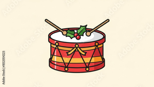Festive christmas drum with drumsticks and holly illustration, a vibrant holiday season musical instrument icon for celebration designs.