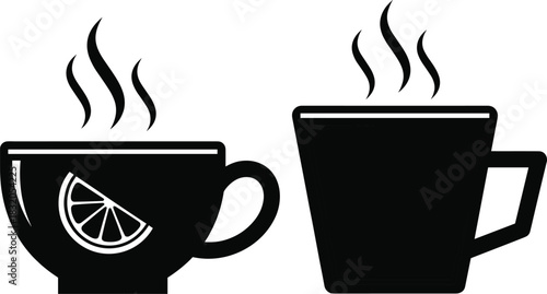 Silhouette vector illustration of steaming hot tea and coffee cups with simple minimal design and citrus slice detail