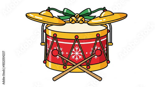 Festive christmas drum illustration with cymbals, drumsticks, green ribbon, and golden jingle bells, adorned with snowflakes.