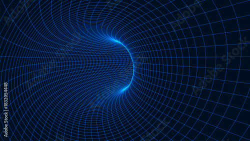 An abstract tunnel created from glowing lines forming a spatial grid. The glow of the lines creates a sense of movement, depth, and infinite immersion. Vector illustration
