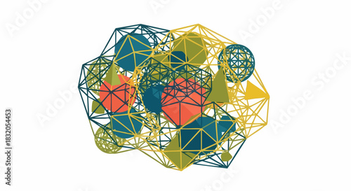 Abstract geometric network of colorful spheres and polyhedrons.