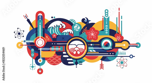 Vibrant abstract illustration blending science nature and culture.