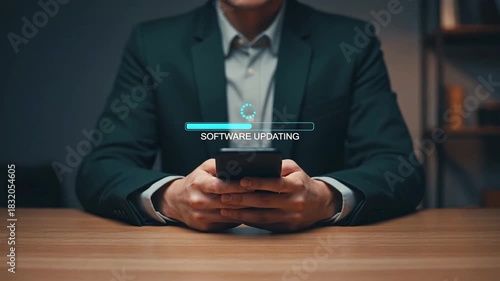 Businessman holding phone at desk with glowing progress bar showing software update and system optimization concept